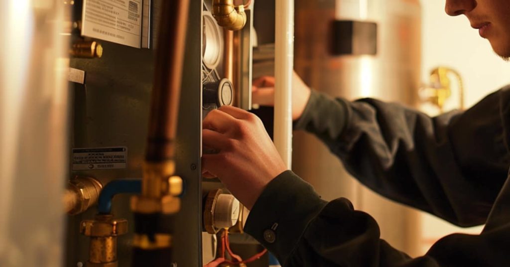 hands fixing a boiler system